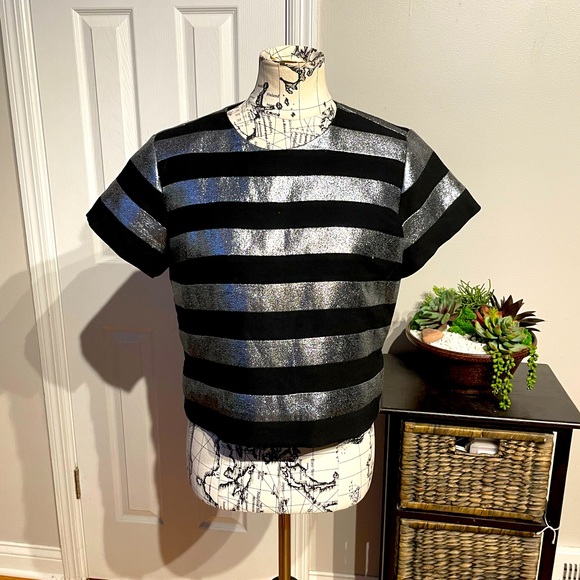 Lame Metallic Shiny Striped Cami Crop Camisole short sleeve bright club nigh - Picture 1 of 4